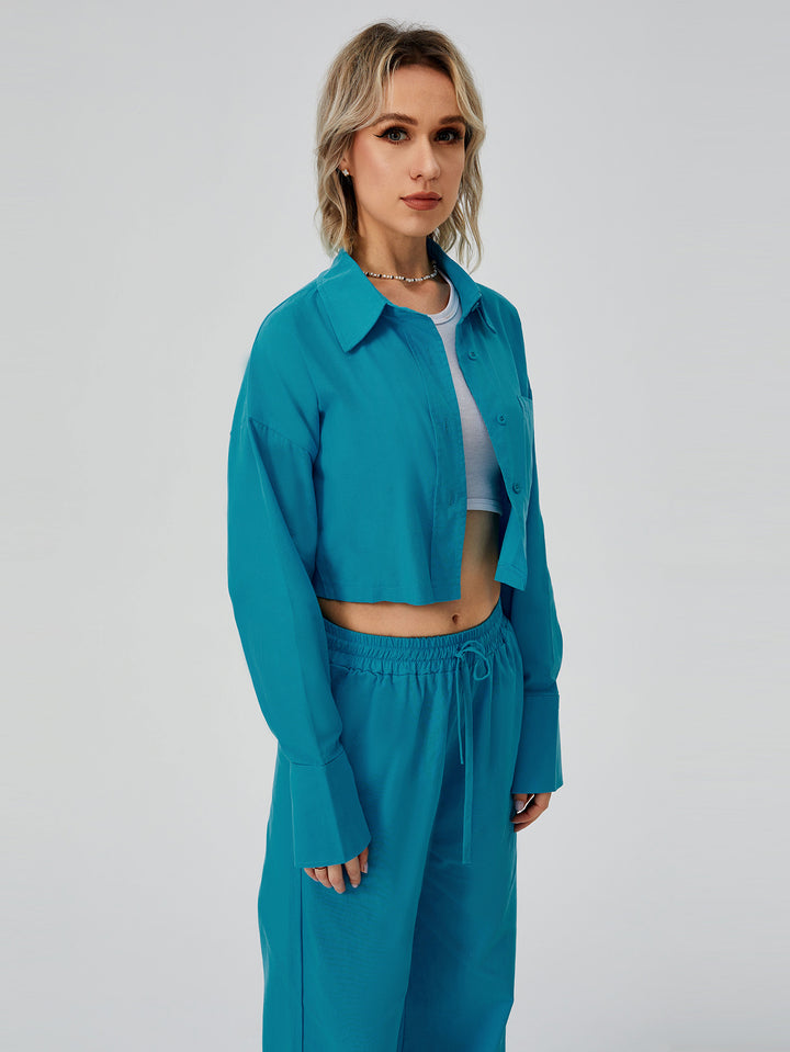 Button-Down Wide Leg Loungewear Set - Two Piece