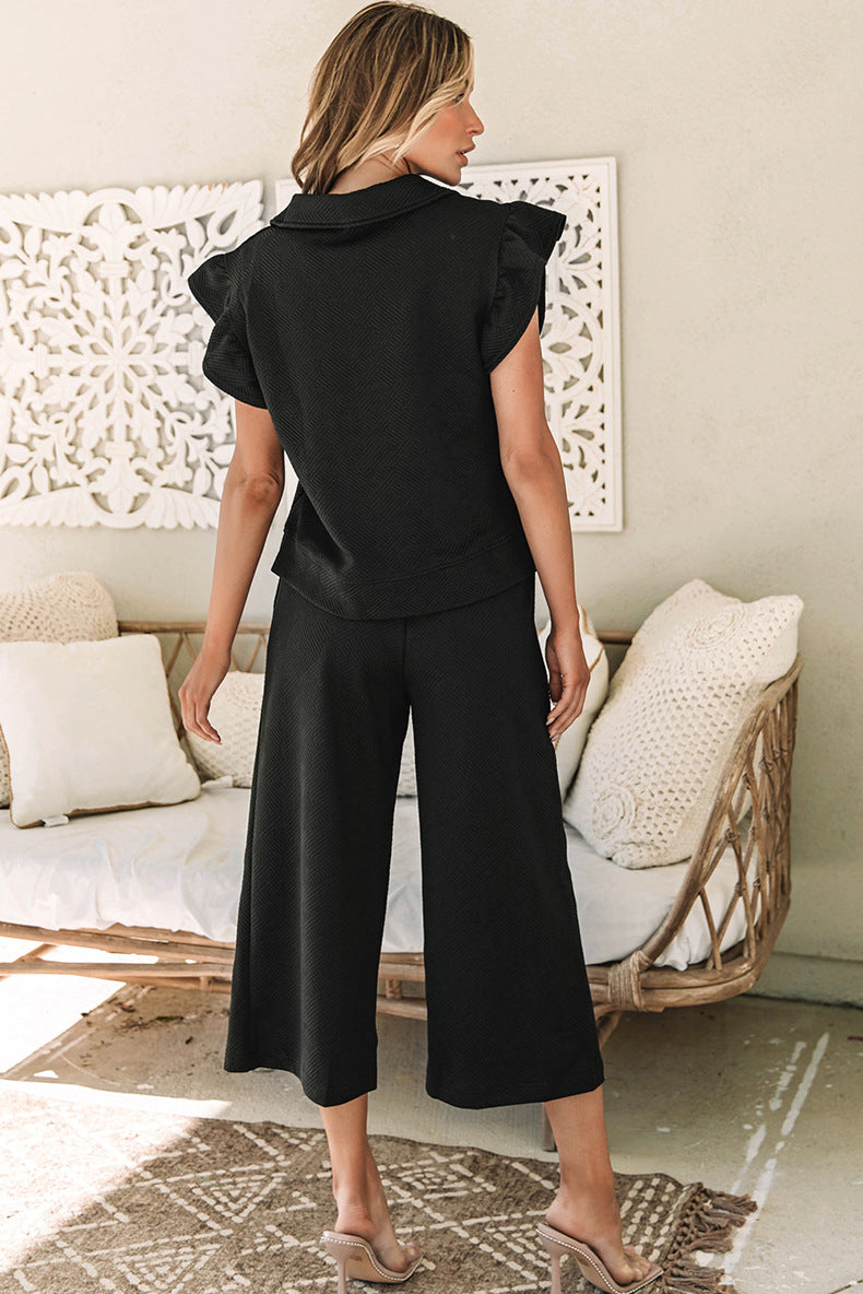 Ruffle Detail Two-Piece Set - Cropped Trousers