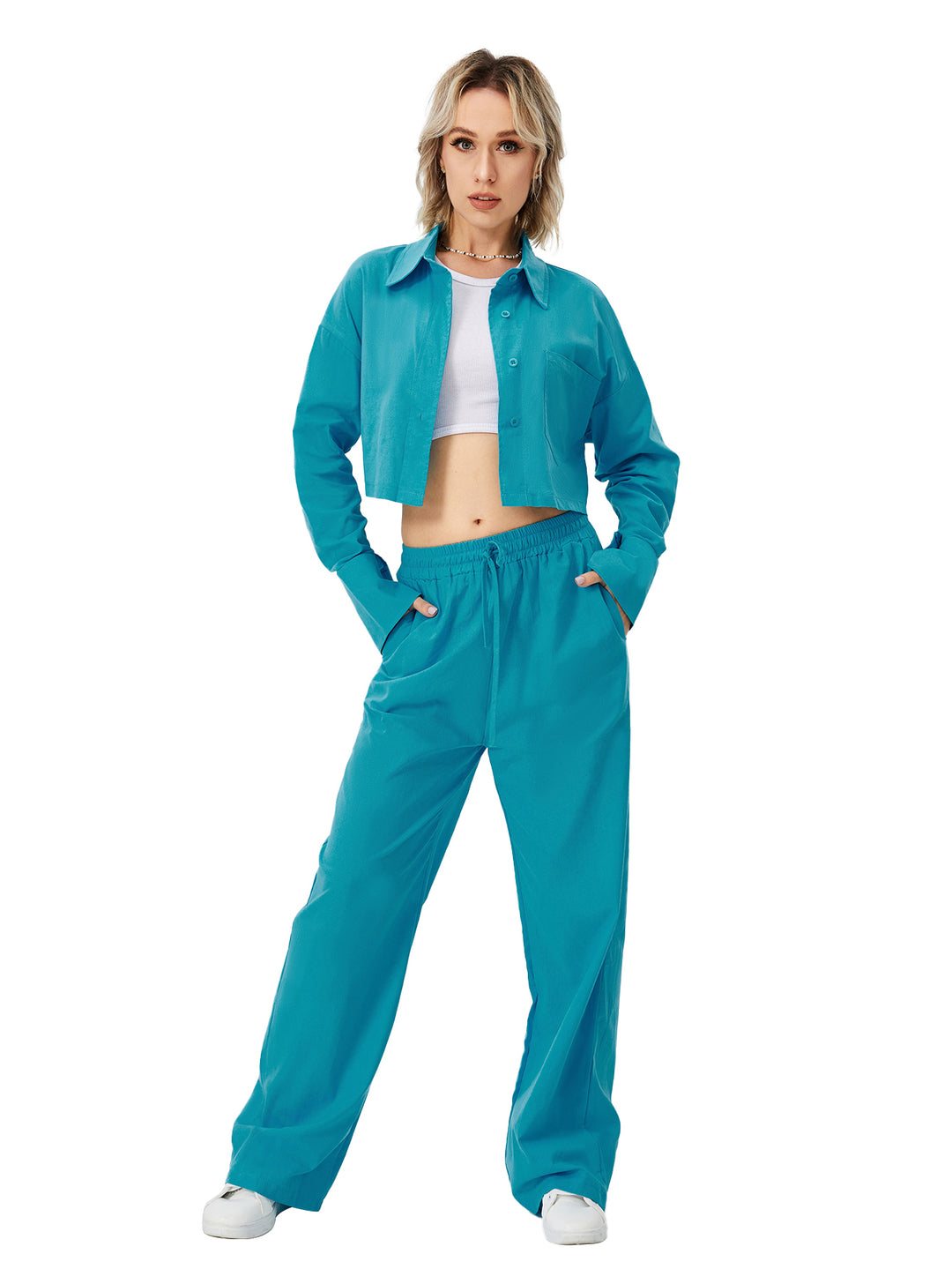 Button-Down Wide Leg Loungewear Set - Two Piece