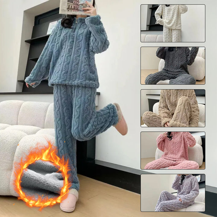 Twist Zipper Coral Fleece Loungewear Set - Autumn Winter