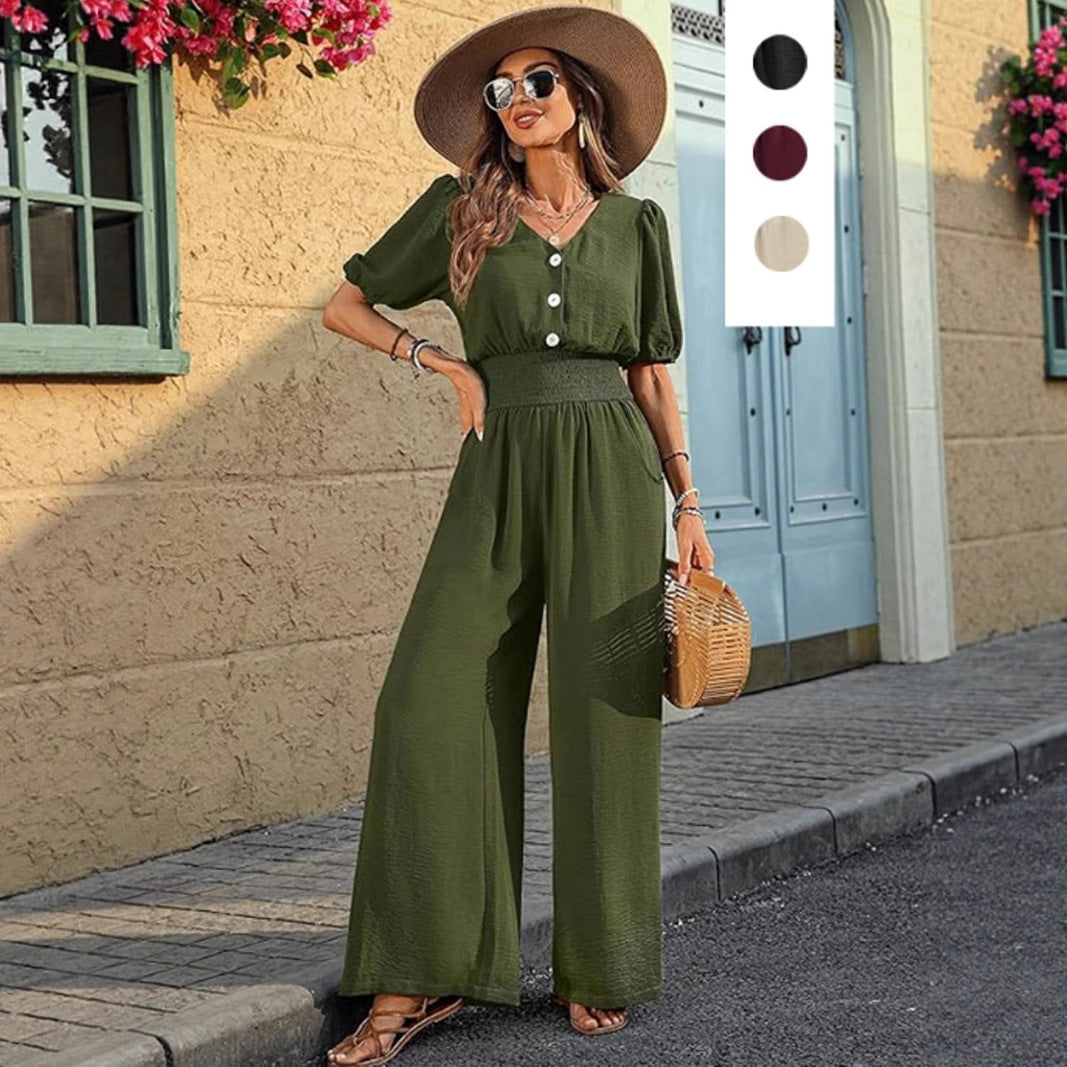 Solid Color Short Sleeve Lapel Waist-Cinched Jumpsuit