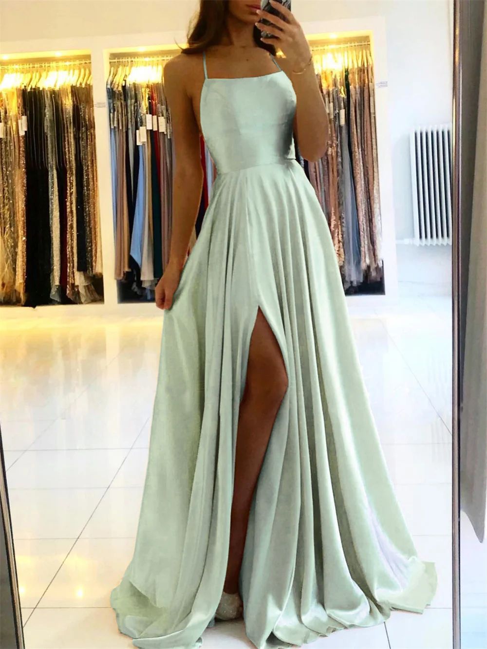 Satin Maxi Beach Dress with Leg Slit & Lace-Up Detail