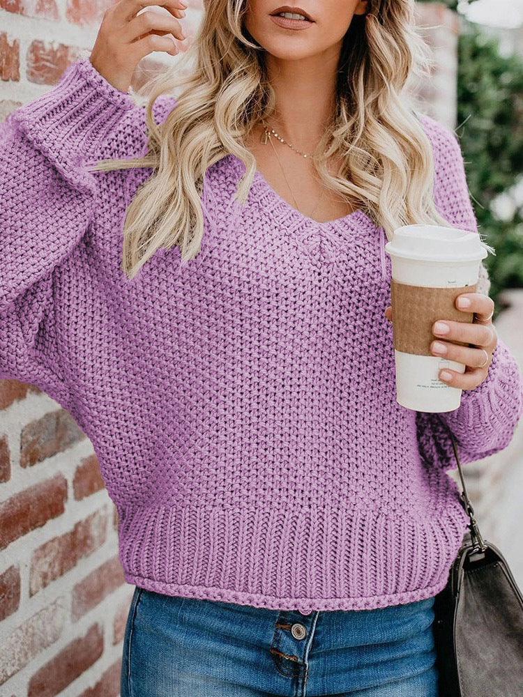 Loose Knitted V Neck Sweater Women