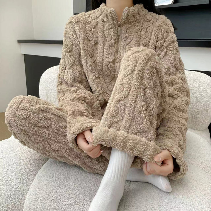 Twist Zipper Coral Fleece Loungewear Set - Autumn Winter