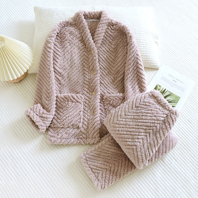 Round Neck Flannel Loungewear Set - Simple & Casual