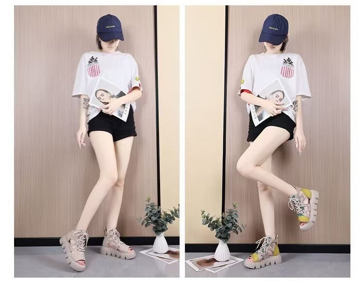 Retro Platform Lace-Up Sandal Boots - Hollowed-Out