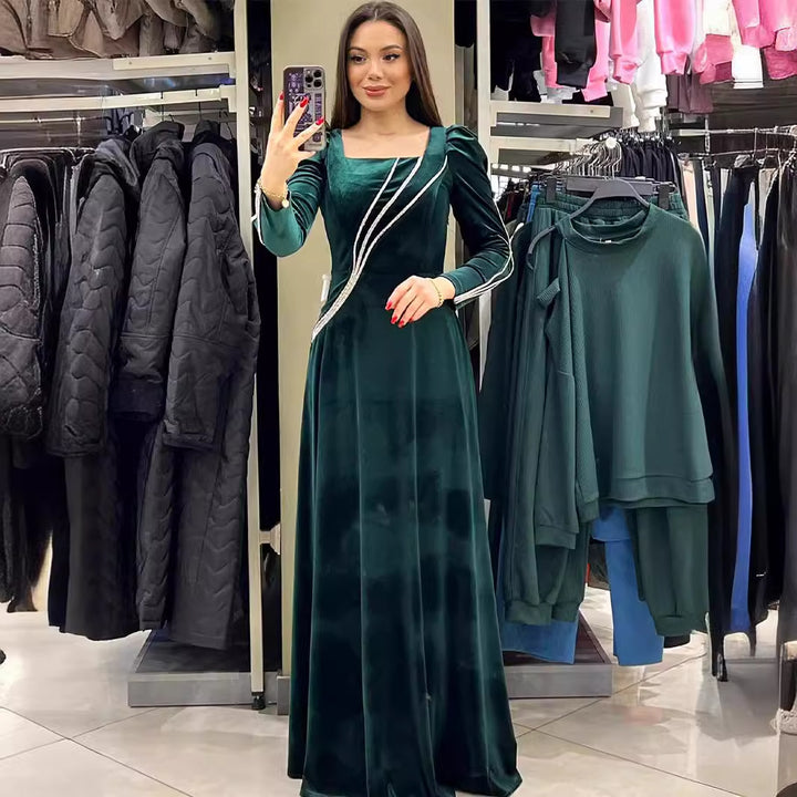Rhinestone Embellished Long Sleeve Maxi Dress