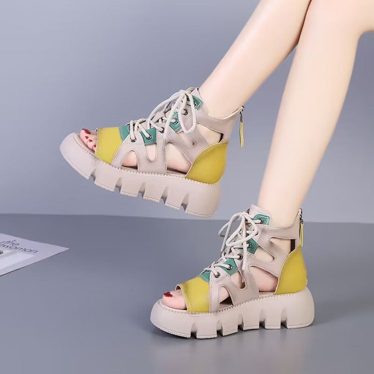 Retro Platform Lace-Up Sandal Boots - Hollowed-Out