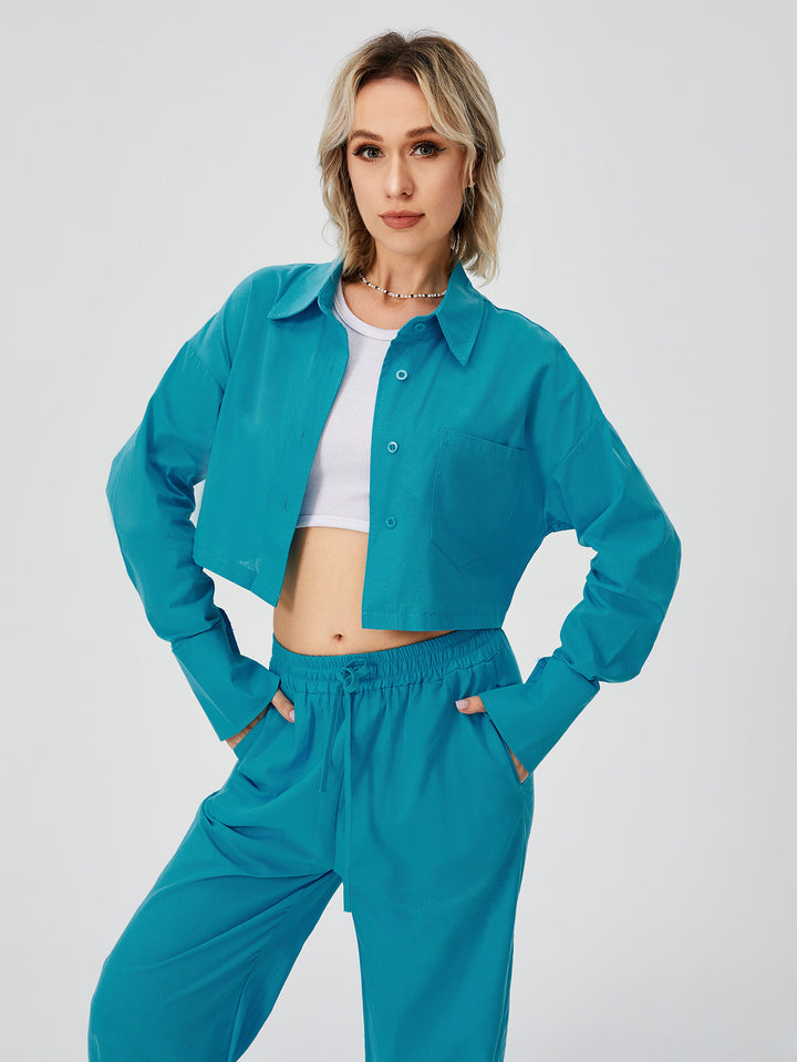 Button-Down Wide Leg Loungewear Set - Two Piece