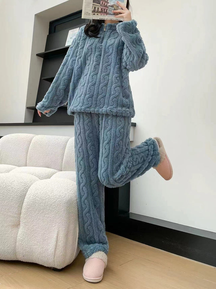 Twist Zipper Coral Fleece Loungewear Set - Autumn Winter