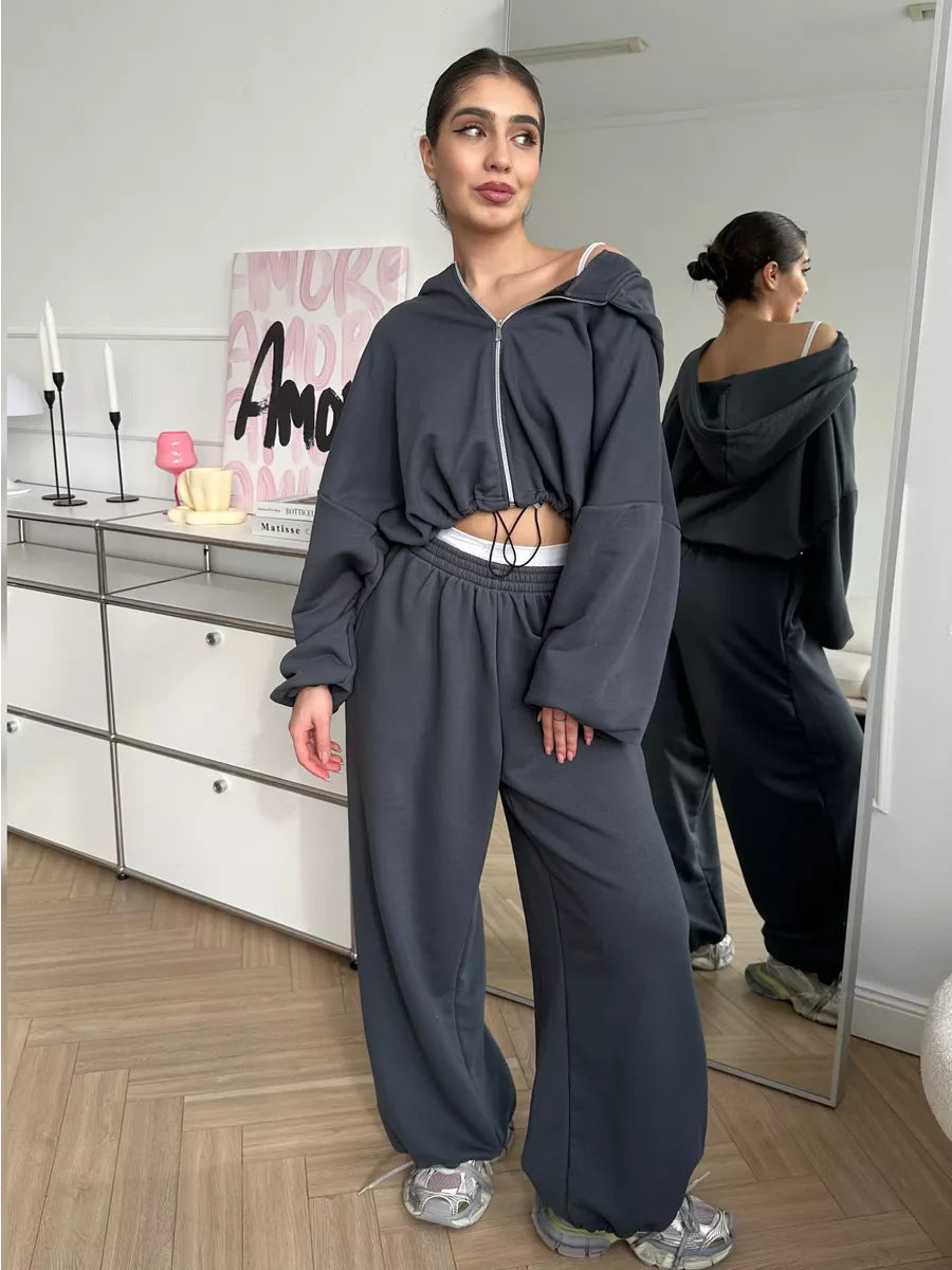 Solid Colour Zip-Up Loungewear Set - Two Piece
