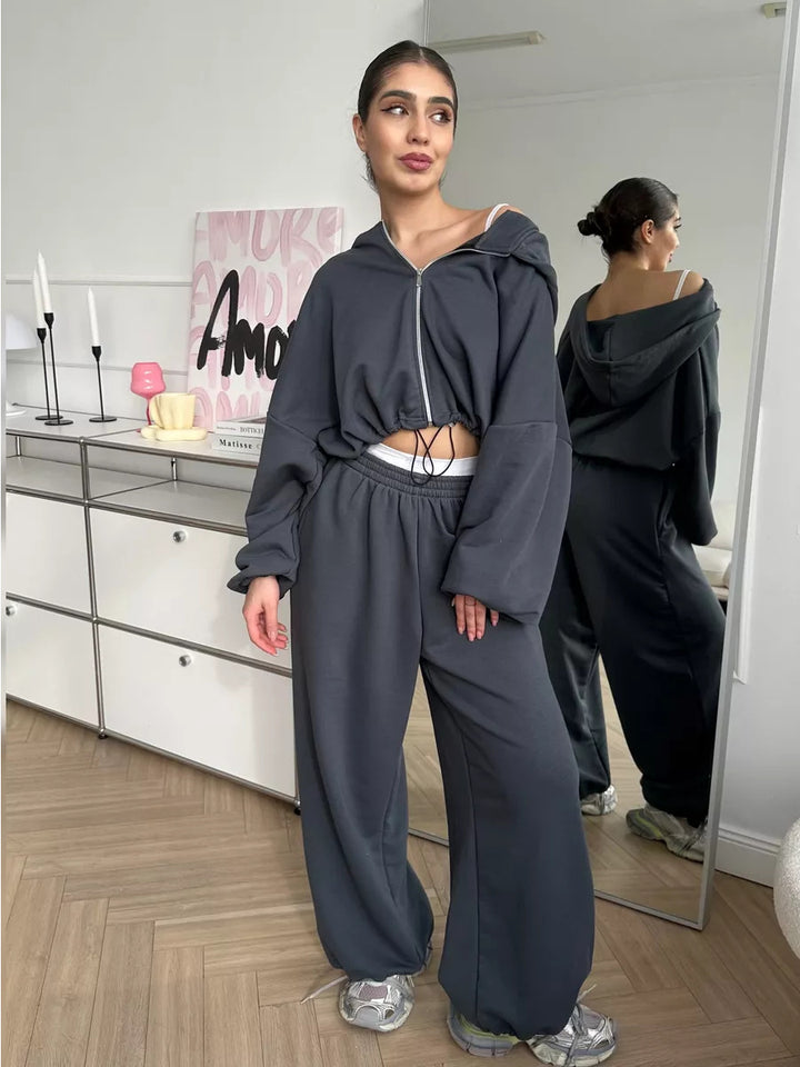 Solid Colour Zip-Up Loungewear Set - Two Piece