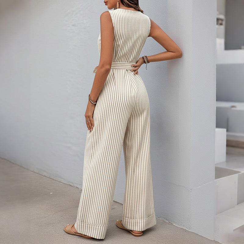 Minimalist Striped Wide-Leg Jumpsuit - Khaki