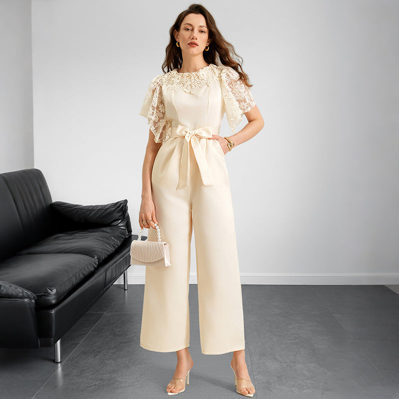 Solid-Color Loose-Fit Satin Jumpsuit - Apricot