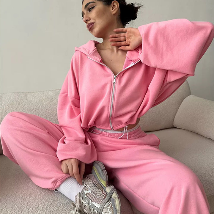 Solid Colour Zip-Up Loungewear Set - Two Piece
