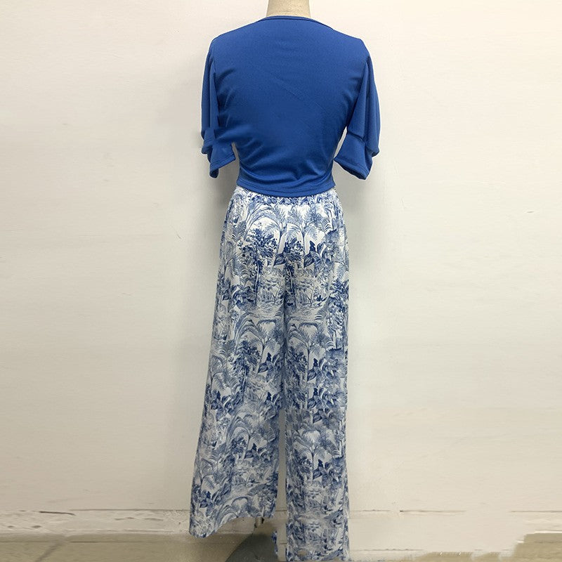 Premium Printed Two-Piece Fashion Set - Blue