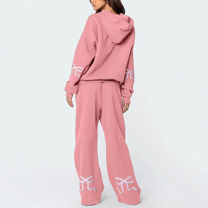 Bowknot Print Sweatshirt & Sweatpants Casual Two Piece Set
