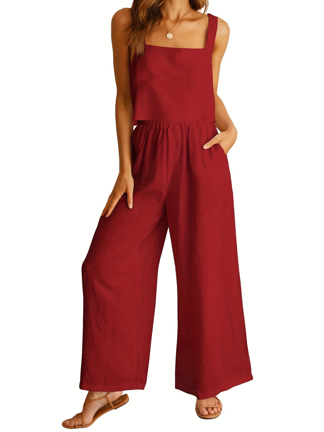 Square Collar Sleeveless Camisole & Wide Leg Trousers Two Piece Set