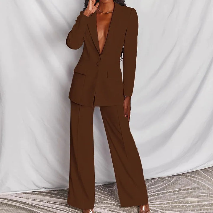 2 Piece Blazer Suit Set - Elegant Long Sleeve Blazer & Trousers for Women