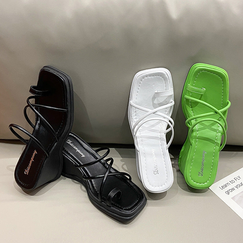 Platform Strappy Slip-On Sandals with Toe Strap