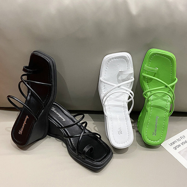Platform Strappy Slip-On Sandals with Toe Strap