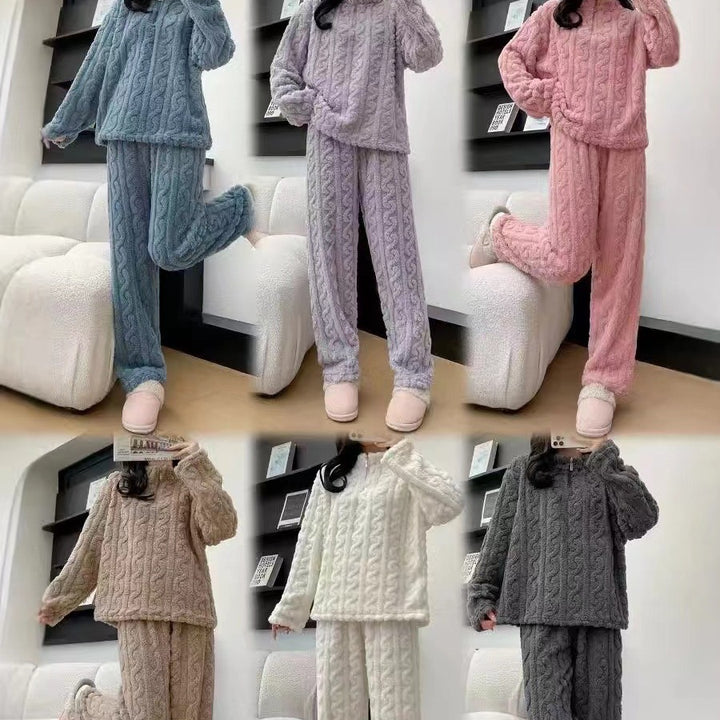 Twist Zipper Coral Fleece Loungewear Set - Autumn Winter