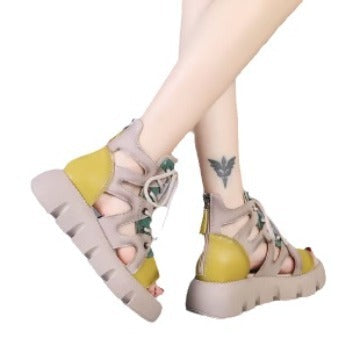 Retro Platform Lace-Up Sandal Boots - Hollowed-Out