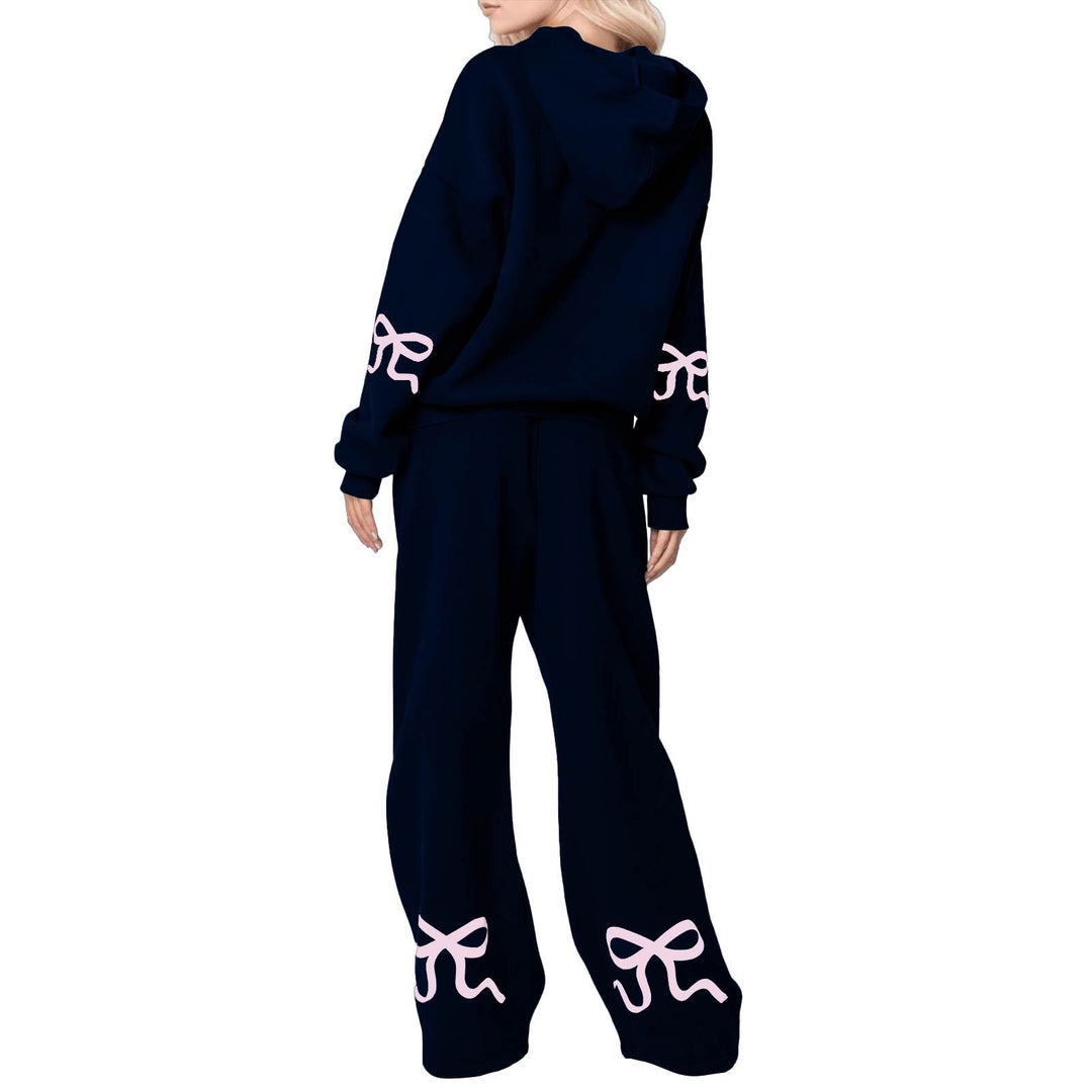 Bowknot Print Sweatshirt & Sweatpants Casual Two Piece Set