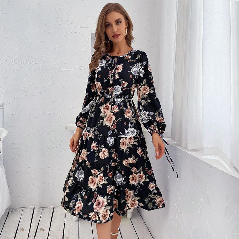Womens Crew-neck Long-sleeve Tie-dye Printed Dress