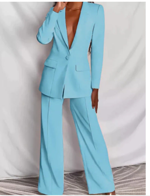 2 Piece Blazer Suit Set - Elegant Long Sleeve Blazer & Trousers for Women