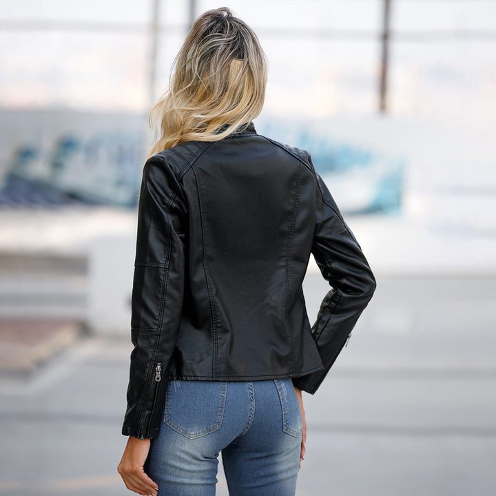 Slim-Fit Leather Jacket with Stand Collar