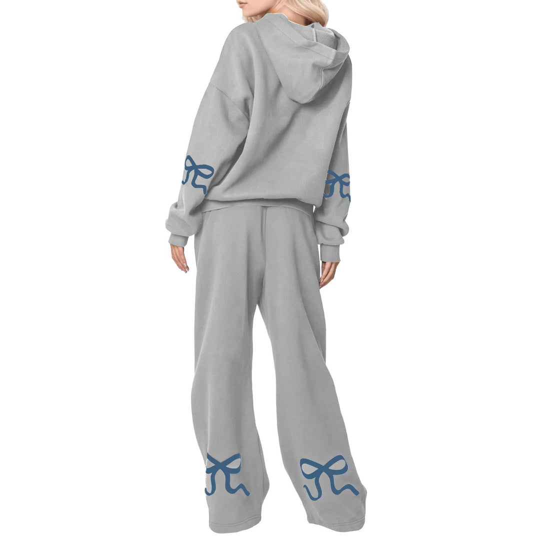 Bowknot Print Sweatshirt & Sweatpants Casual Two Piece Set