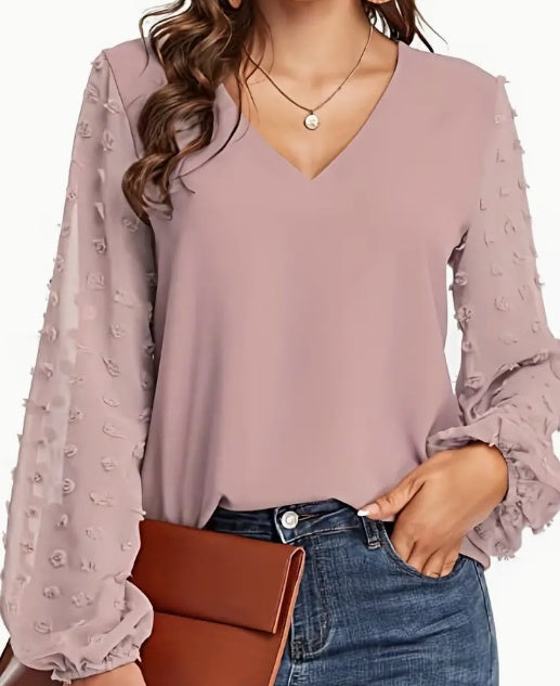 Swiss Dot V Neck Shirt - Soft Breathable Casual Top