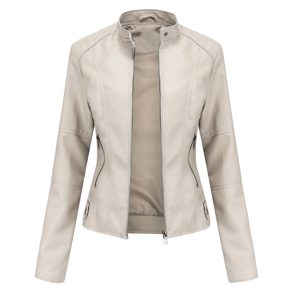 Slim-Fit Leather Jacket with Stand Collar