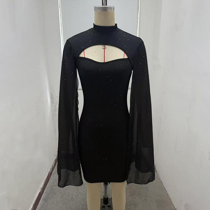 Women's Sparkly Bodycon Mini Dress, Mock Neck Cloak Sleeve Cocktail Dress