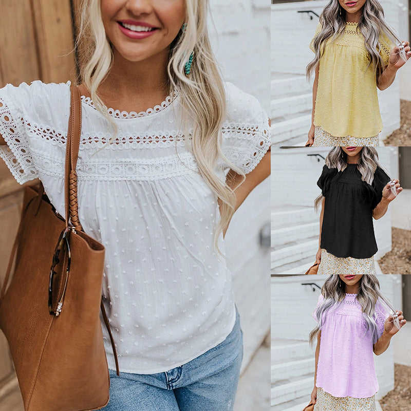 Lace Crochet Pompom Short-Sleeved Casual Shirt Top Women
