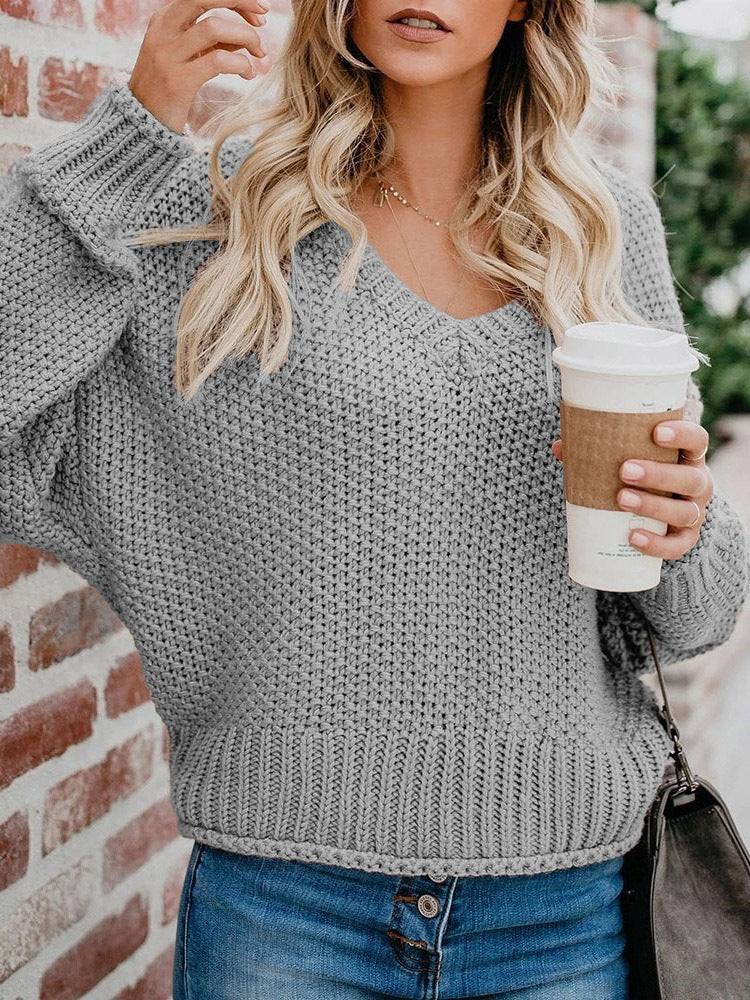 Loose Knitted V Neck Sweater Women
