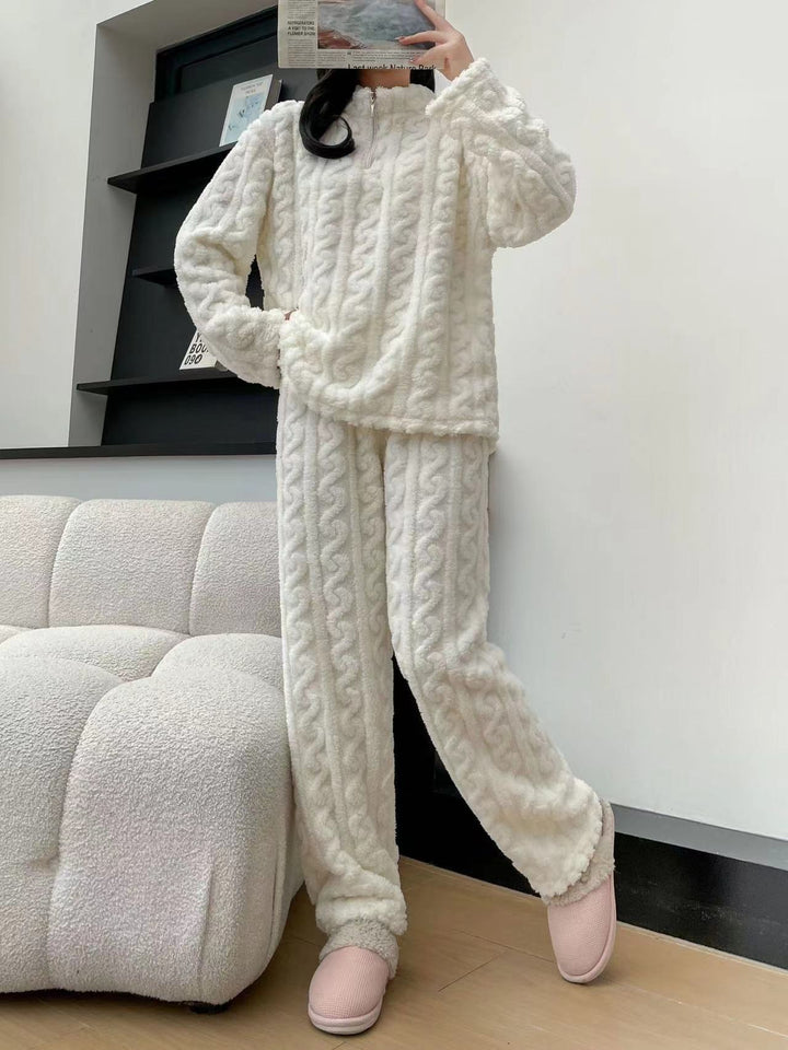 Twist Zipper Coral Fleece Loungewear Set - Autumn Winter