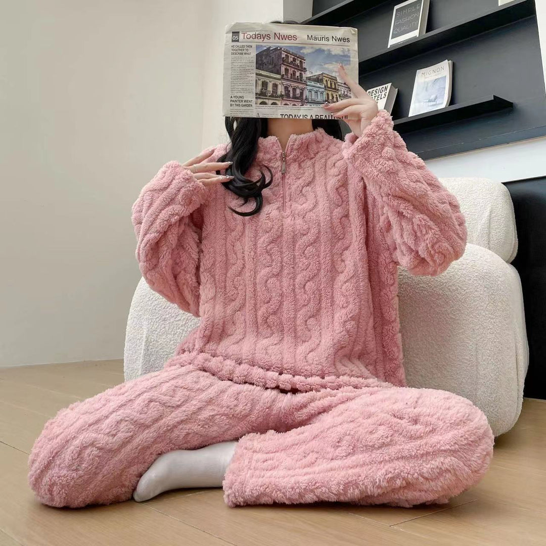 Twist Zipper Coral Fleece Loungewear Set - Autumn Winter