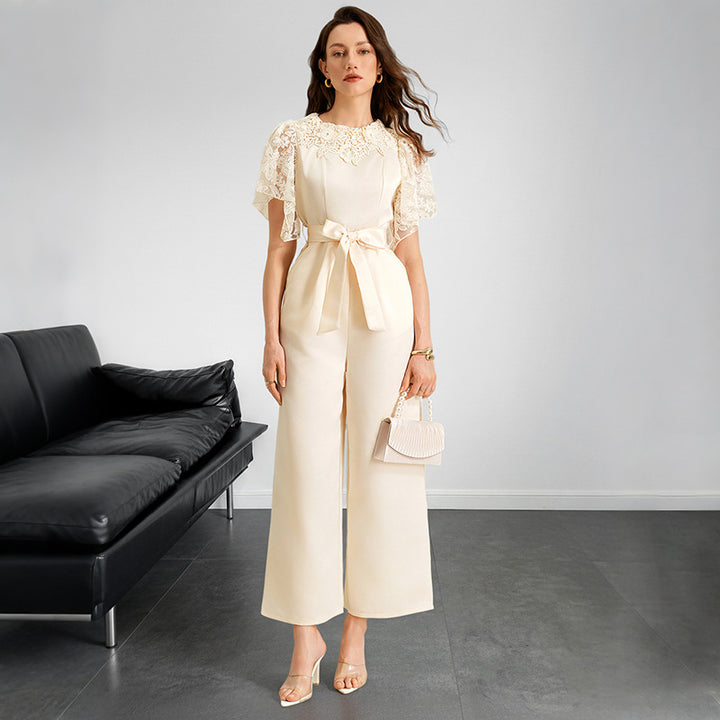 Solid-Color Loose-Fit Satin Jumpsuit - Apricot