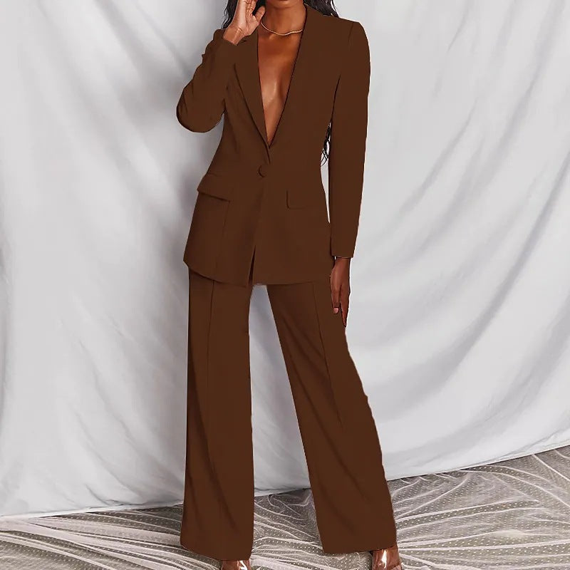 2 Piece Blazer Suit Set - Elegant Long Sleeve Blazer & Trousers for Women