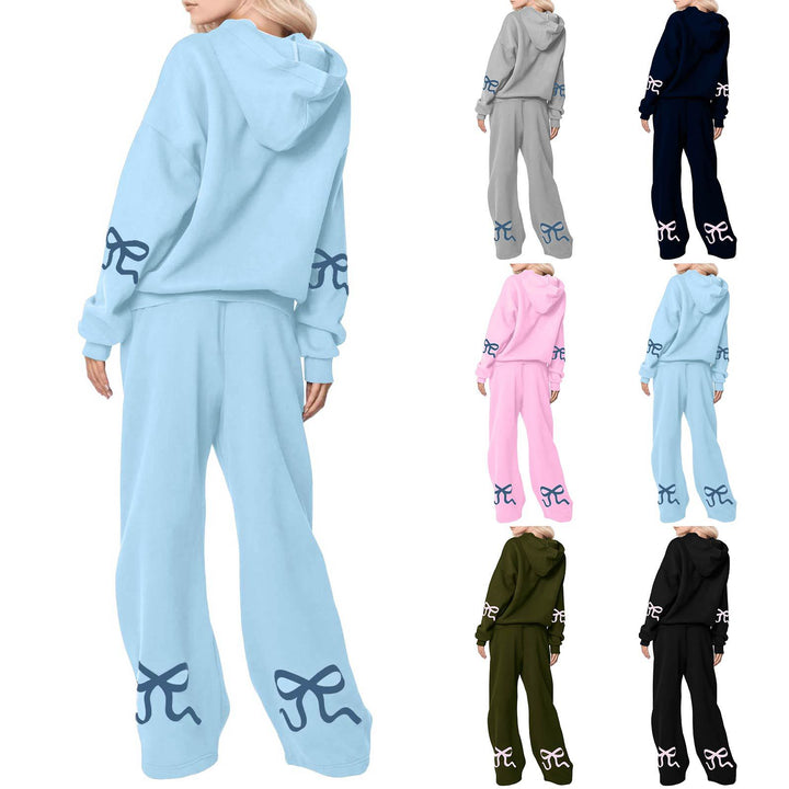 Bowknot Print Sweatshirt & Sweatpants Casual Two Piece Set