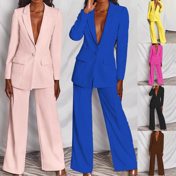 2 Piece Blazer Suit Set - Elegant Long Sleeve Blazer & Trousers for Women
