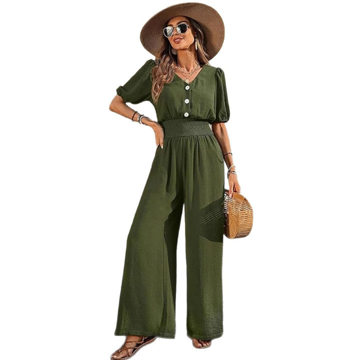 Solid Color Short Sleeve Lapel Waist-Cinched Jumpsuit