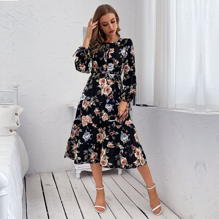 Womens Crew-neck Long-sleeve Tie-dye Printed Dress