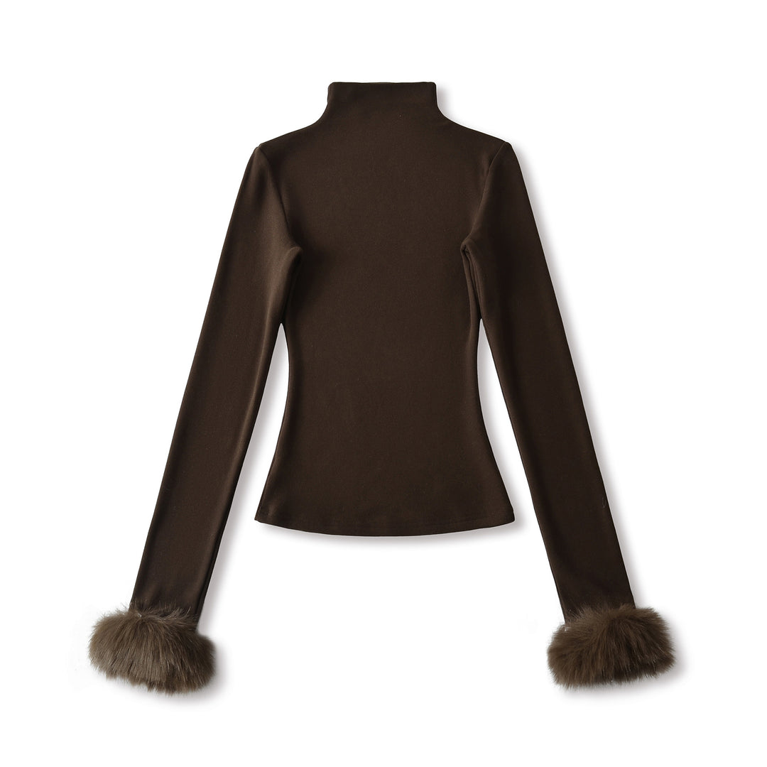 Detachable Furry Sleeve Mock Neck Top - Winter Pullover