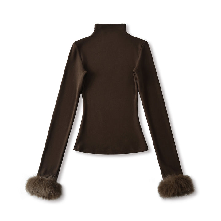 Detachable Furry Sleeve Mock Neck Top - Winter Pullover