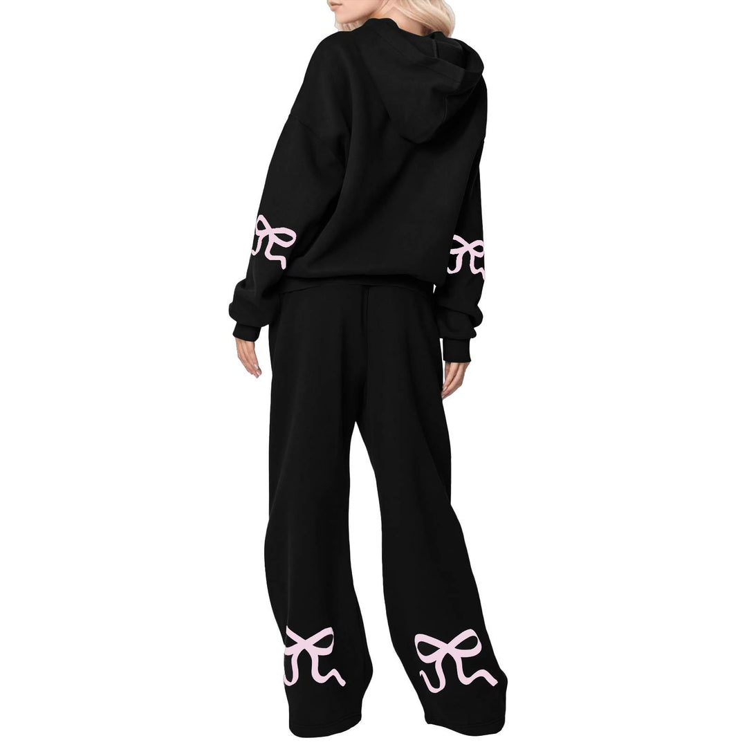 Bowknot Print Sweatshirt & Sweatpants Casual Two Piece Set
