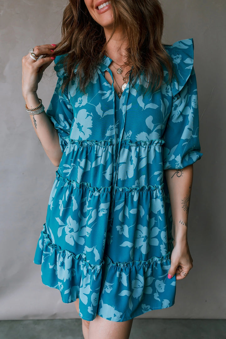 Blue Floral Tiered Ruffle Mini Dress