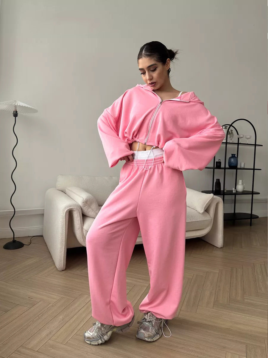 Solid Colour Zip-Up Loungewear Set - Two Piece